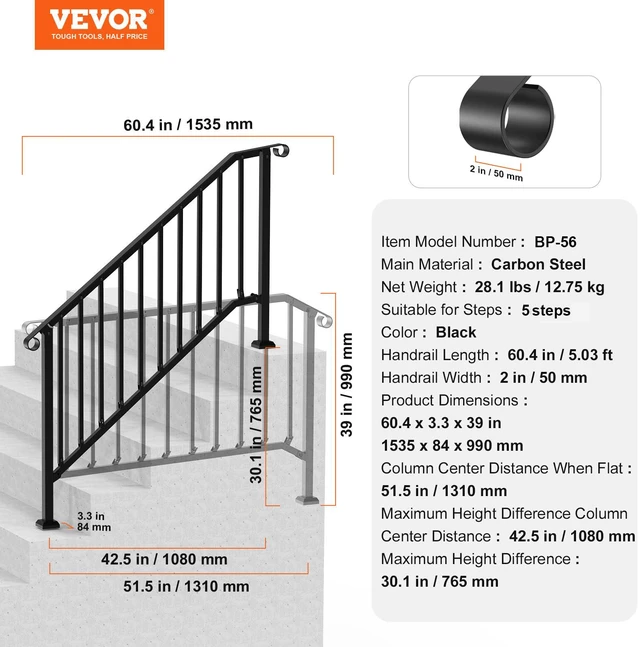 Alt view image 7 of 7 - Outdoor Stair Handrails, 5-6 Step Kit, Carbon Steel, Black Retro Arch