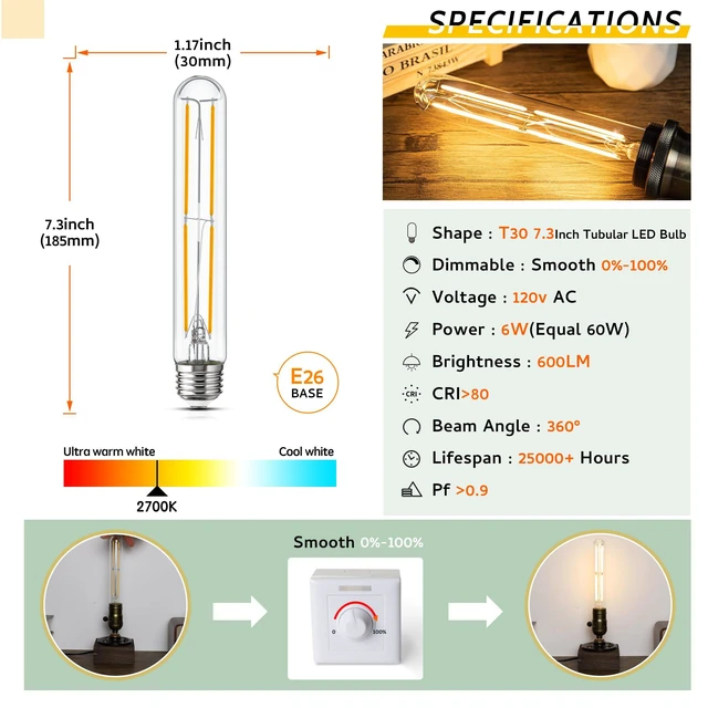 Alt view image 4 of 6 - Tubular Light Bulb 7.3 Inch Dimmable T10 LED E26 6W 60 Watts Edison Bulbs 2700K Warm White,185mm Long for Wall Sconces, Pendant, Livingroom 16-Pack