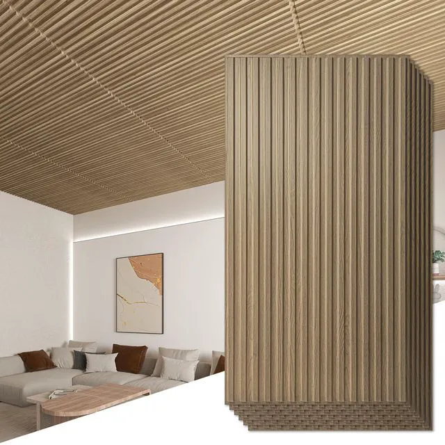 Main image of Fluted Slat 3D Wall Panels, Drop Ceiling Tiles, 6-Pack, Walnut 24" x 48", Lightweight, Break-Proof, Compatible with Grid System, Ideal for Home, Commercial Spaces
