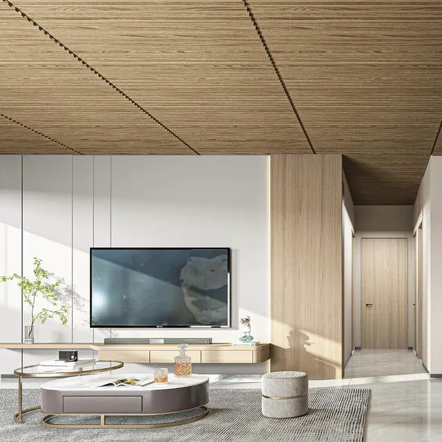 Alt view image 2 of 7 - Fluted Slat 3D Wall Panels, Drop Ceiling Tiles, 6-Pack, Walnut 24" x 48", Lightweight, Break-Proof, Compatible with Grid System, Ideal for Home, Commercial Spaces
