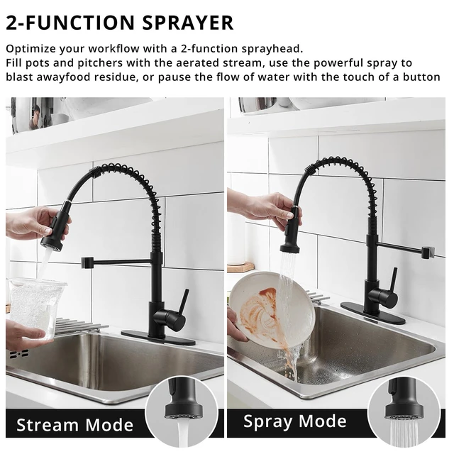 Alt view image 3 of 6 - Black Kitchen Faucet with Pull Down Sprayer,Matte Black Spring Sink Faucet,Single Handle,360° Rotation,2-Mode Sprayer,for Farmhouse Laundry Bar RV