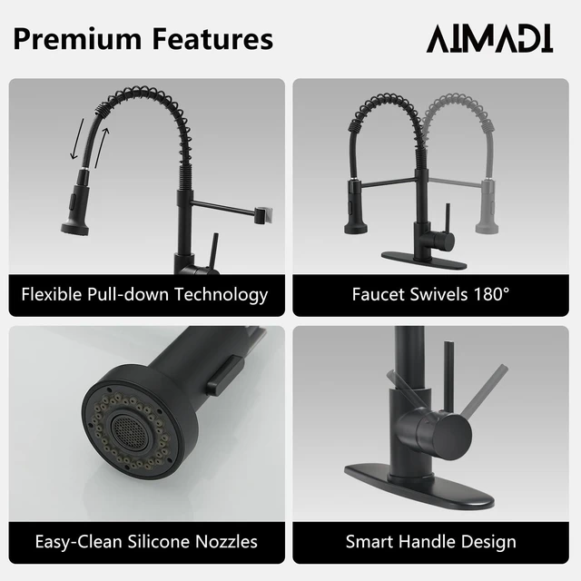 Alt view image 4 of 6 - Black Kitchen Faucet with Pull Down Sprayer,Matte Black Spring Sink Faucet,Single Handle,360° Rotation,2-Mode Sprayer,for Farmhouse Laundry Bar RV