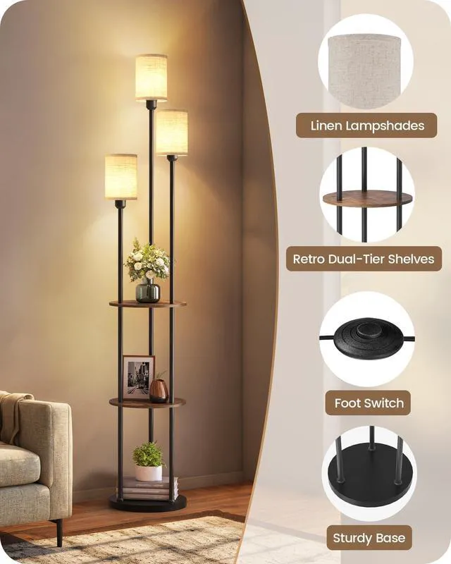 Alt view image 4 of 7 - 70.9" Floor Lamp with Shelves, Modern Floor Lamp with 3 Linen Shades and Foot Switch, 3-Light Standing Lamp, for Living Room, Bedroom, Study, Office, Rustic Brown and Beige EF53LD05