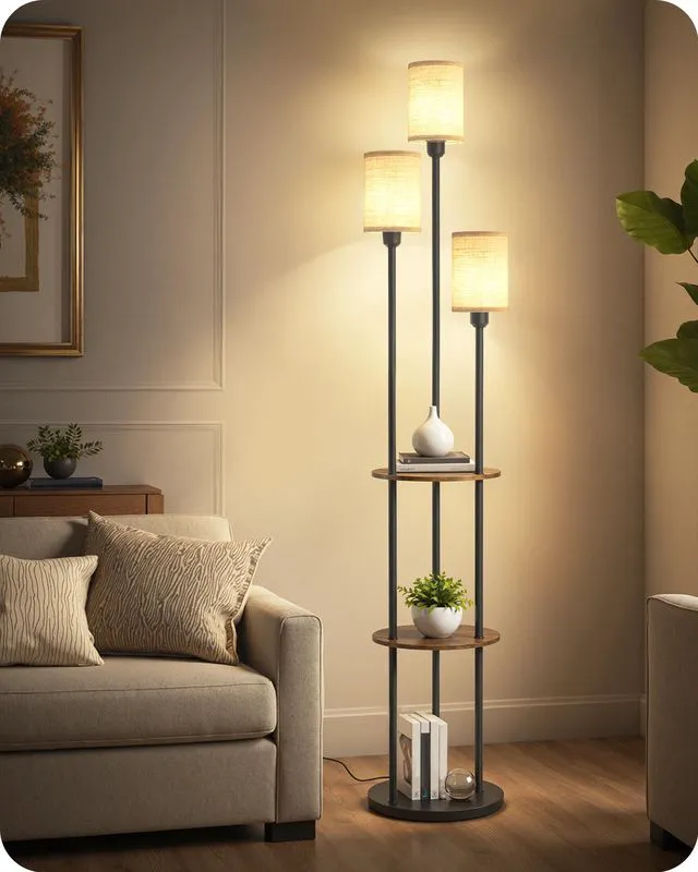 Main image of 70.9" Floor Lamp with Shelves, Modern Floor Lamp with 3 Linen Shades and Foot Switch, 3-Light Standing Lamp, for Living Room, Bedroom, Study, Office, Rustic Brown and Beige EF53LD05