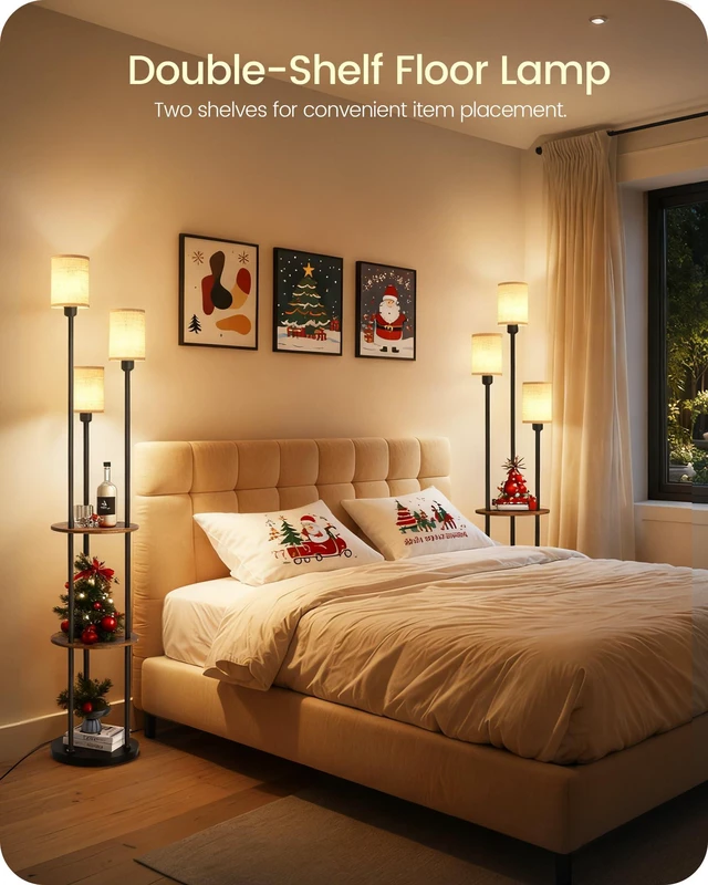 Alt view image 2 of 7 - 70.9" Floor Lamp with Shelves, Modern Floor Lamp with 3 Linen Shades and Foot Switch, 3-Light Standing Lamp, for Living Room, Bedroom, Study, Office, Rustic Brown and Beige EF53LD05