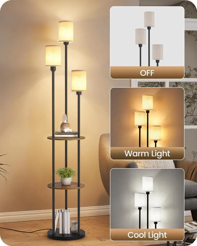 Alt view image 5 of 7 - 70.9" Floor Lamp with Shelves, Modern Floor Lamp with 3 Linen Shades and Foot Switch, 3-Light Standing Lamp, for Living Room, Bedroom, Study, Office, Rustic Brown and Beige EF53LD05