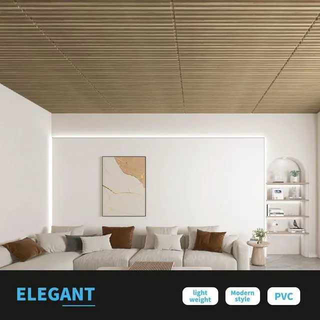 Alt view image 3 of 7 - Fluted Slat 3D Wall Panels, Drop Ceiling Tiles, 6-Pack, Walnut 24" x 48", Lightweight, Break-Proof, Compatible with Grid System, Ideal for Home, Commercial Spaces