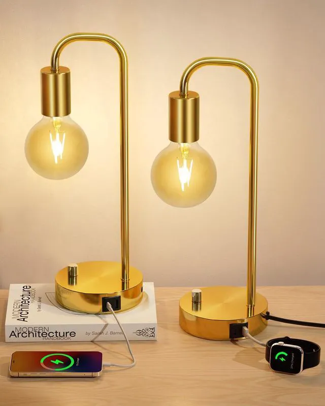 Main image of Industrial Table Lamp Set of 2 with USB A&C Charging Port, Stepless Dimmable Nightstand Bedside Lamps for Bedroom,Desk Lamps with 2700K Gold Gradient Bulb for Reading Living Room