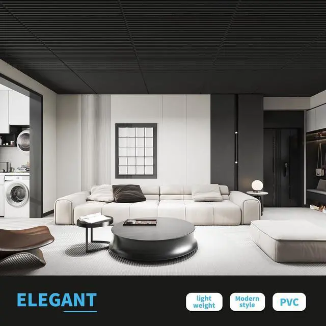 Alt view image 3 of 7 - Fluted Slat 3D Wall Panels, Drop Ceiling Tiles, 6-Pack, Black 24" x 48", Lightweight, Break-Proof, Compatible with Grid System, Ideal for Home, Commercial Spaces