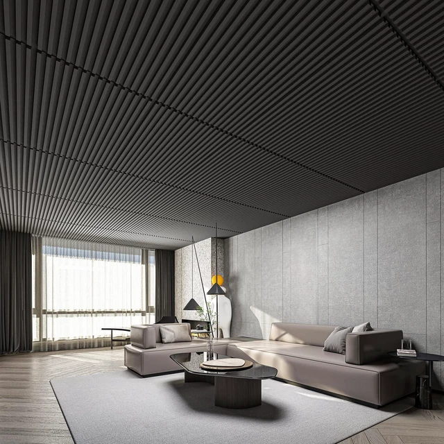 Alt view image 2 of 7 - Fluted Slat 3D Wall Panels, Drop Ceiling Tiles, 6-Pack, Black 24" x 48", Lightweight, Break-Proof, Compatible with Grid System, Ideal for Home, Commercial Spaces
