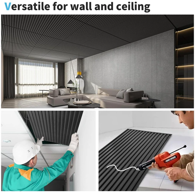 Alt view image 5 of 7 - Fluted Slat 3D Wall Panels, Drop Ceiling Tiles, 6-Pack, Black 24" x 48", Lightweight, Break-Proof, Compatible with Grid System, Ideal for Home, Commercial Spaces
