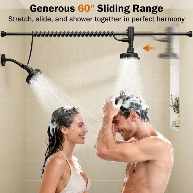 Alt view image 2 of 7 - Dual Shower Head with Original Adjustable Slider, Double Showerhead, Black High Pressure, Two People, 2 Showerhead System for Couples, Renter-Friendly, SPA-Like, Bathroom Gift for Women Men