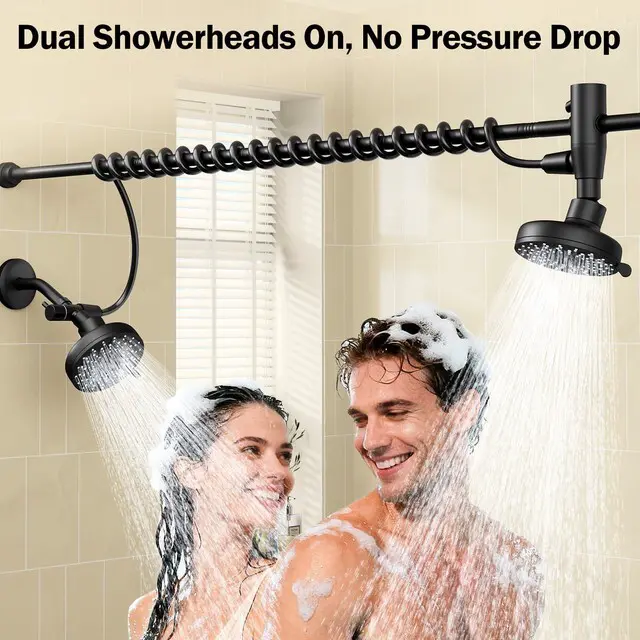 Alt view image 3 of 7 - Dual Shower Head with Original Adjustable Slider, Double Showerhead, Black High Pressure, Two People, 2 Showerhead System for Couples, Renter-Friendly, SPA-Like, Bathroom Gift for Women Men