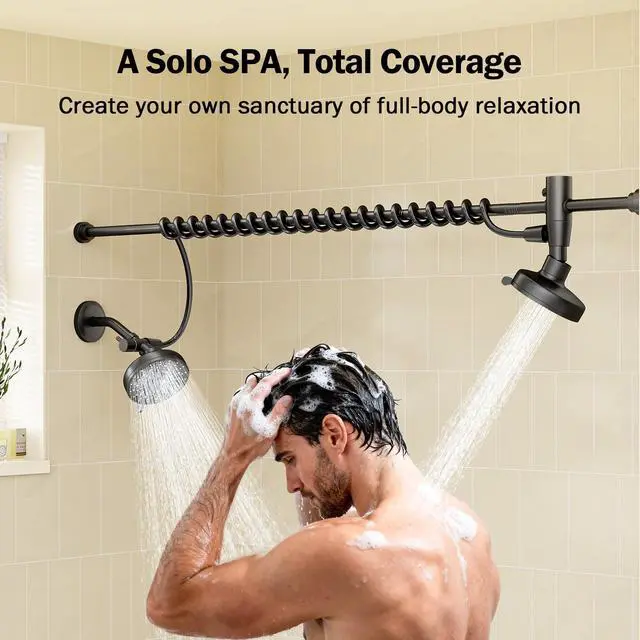 Alt view image 5 of 7 - Dual Shower Head with Original Adjustable Slider, Double Showerhead, Black High Pressure, Two People, 2 Showerhead System for Couples, Renter-Friendly, SPA-Like, Bathroom Gift for Women Men