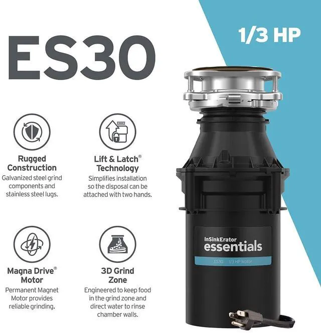 Alt view image 2 of 7 - ES30 W/C, 1/3 HP Continuous Feed Garbage Disposal with Cord Essentials Series, Power Cord, Septic Safe