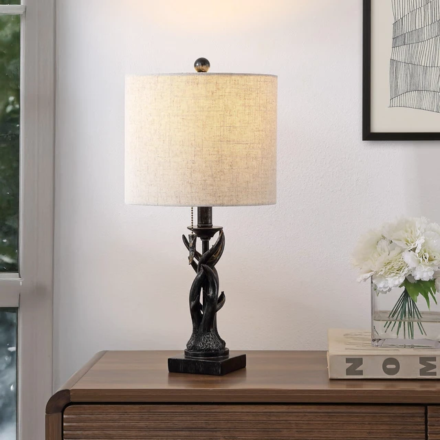 Alt view image 2 of 7 - Gaston Rustic Faux Antler Resin Table Lamp 20.5", Antique Black Mini, Gray Linen Drum Shade, Farmhouse Lodge Style, Pull Chain Switch, Metal Accents, LED Bulb Included