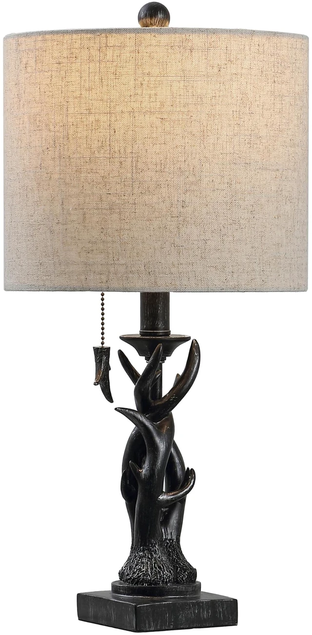 Main image of Gaston Rustic Faux Antler Resin Table Lamp 20.5", Antique Black Mini, Gray Linen Drum Shade, Farmhouse Lodge Style, Pull Chain Switch, Metal Accents, LED Bulb Included
