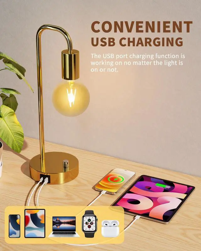 Alt view image 2 of 7 - Industrial Table Lamp Set of 2 with USB A&C Charging Port, Stepless Dimmable Nightstand Bedside Lamps for Bedroom,Desk Lamps with 2700K Gold Gradient Bulb for Reading Living Room
