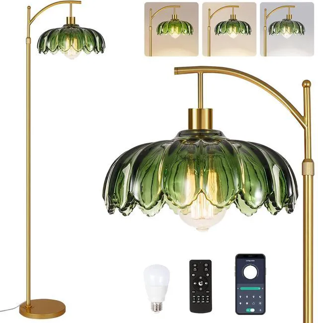 Main image of Gold Floor Lamp for Living Room,Bedroom,Mid Century Modern Standing Lamp with Remote,Dimmable Brass Tall Lamp Green Glass Lamp Vintage Retro Arc Floor Lamps Flower Floor Light Boho Bohemian