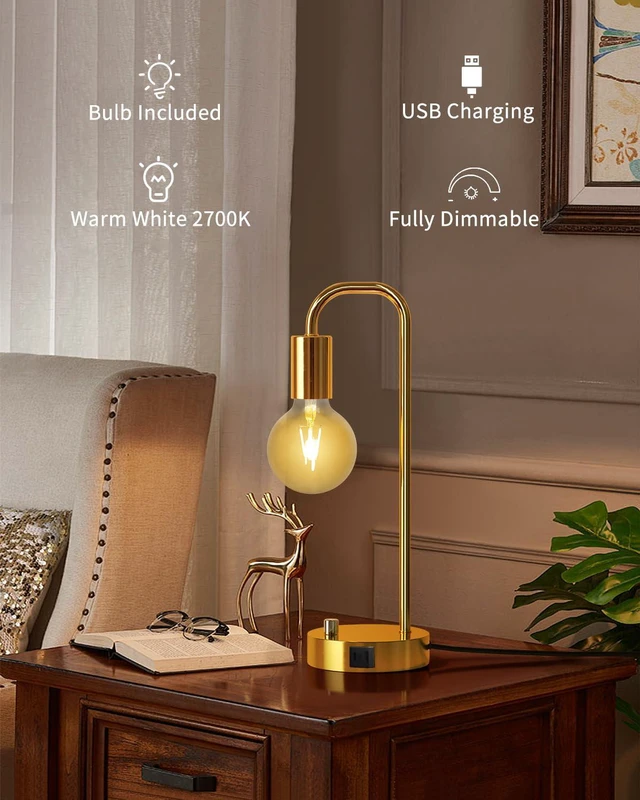 Alt view image 4 of 7 - Industrial Table Lamp Set of 2 with USB A&C Charging Port, Stepless Dimmable Nightstand Bedside Lamps for Bedroom,Desk Lamps with 2700K Gold Gradient Bulb for Reading Living Room
