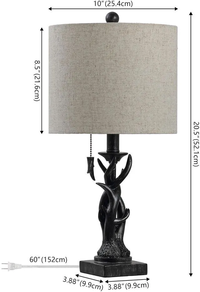 Alt view image 3 of 7 - Gaston Rustic Faux Antler Resin Table Lamp 20.5", Antique Black Mini, Gray Linen Drum Shade, Farmhouse Lodge Style, Pull Chain Switch, Metal Accents, LED Bulb Included