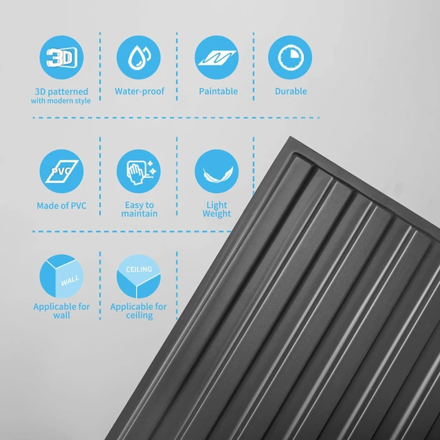 Alt view image 7 of 7 - Fluted Slat 3D Wall Panels, Drop Ceiling Tiles, 6-Pack, Black 24" x 48", Lightweight, Break-Proof, Compatible with Grid System, Ideal for Home, Commercial Spaces