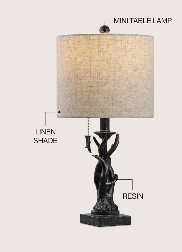 Alt view image 4 of 7 - Gaston Rustic Faux Antler Resin Table Lamp 20.5", Antique Black Mini, Gray Linen Drum Shade, Farmhouse Lodge Style, Pull Chain Switch, Metal Accents, LED Bulb Included