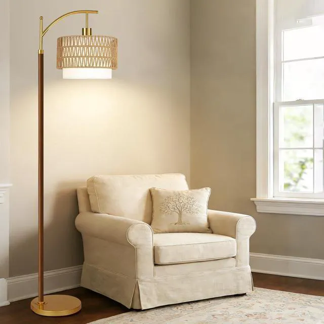 Alt view image 3 of 7 - Boho Floor Lamps for Living Room Rattan Floor lamp with Remote Control & 3 Color Temperatures,Vintage Wood Mid Century Modern Standing Lamp Dimmable Tall Floor Lamp for Bedroom Corner