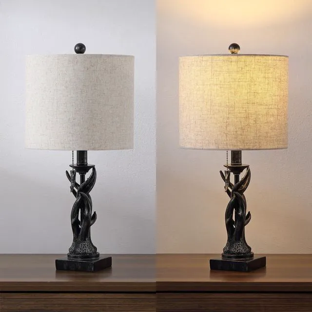 Alt view image 6 of 7 - Gaston Rustic Faux Antler Resin Table Lamp 20.5", Antique Black Mini, Gray Linen Drum Shade, Farmhouse Lodge Style, Pull Chain Switch, Metal Accents, LED Bulb Included
