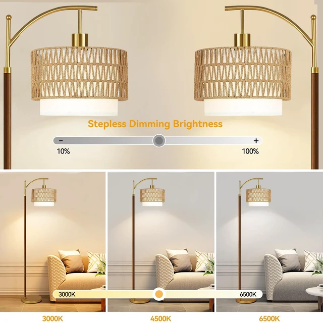 Alt view image 2 of 7 - Boho Floor Lamps for Living Room Rattan Floor lamp with Remote Control & 3 Color Temperatures,Vintage Wood Mid Century Modern Standing Lamp Dimmable Tall Floor Lamp for Bedroom Corner