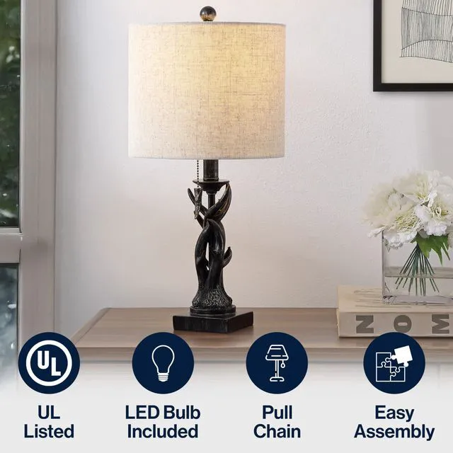 Alt view image 5 of 7 - Gaston Rustic Faux Antler Resin Table Lamp 20.5", Antique Black Mini, Gray Linen Drum Shade, Farmhouse Lodge Style, Pull Chain Switch, Metal Accents, LED Bulb Included