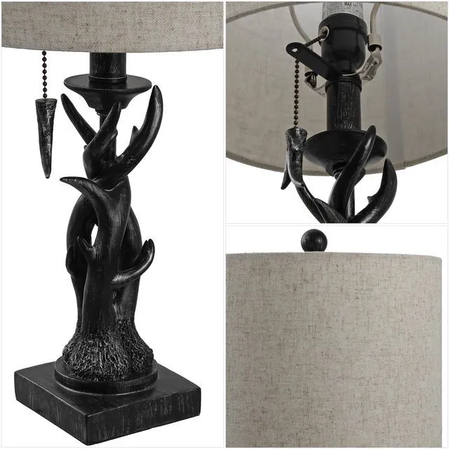 Alt view image 7 of 7 - Gaston Rustic Faux Antler Resin Table Lamp 20.5", Antique Black Mini, Gray Linen Drum Shade, Farmhouse Lodge Style, Pull Chain Switch, Metal Accents, LED Bulb Included