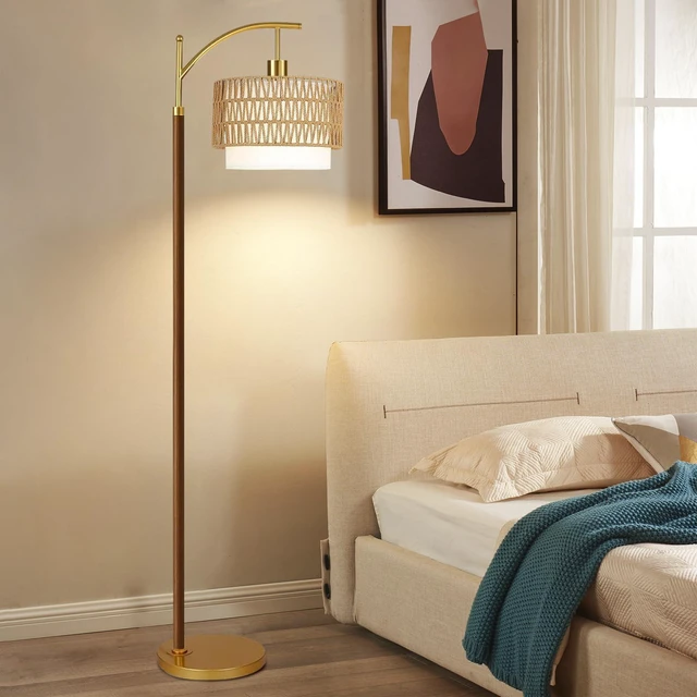 Alt view image 6 of 7 - Boho Floor Lamps for Living Room Rattan Floor lamp with Remote Control & 3 Color Temperatures,Vintage Wood Mid Century Modern Standing Lamp Dimmable Tall Floor Lamp for Bedroom Corner