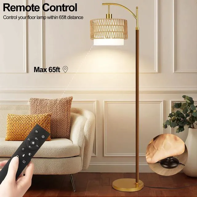 Alt view image 4 of 7 - Boho Floor Lamps for Living Room Rattan Floor lamp with Remote Control & 3 Color Temperatures,Vintage Wood Mid Century Modern Standing Lamp Dimmable Tall Floor Lamp for Bedroom Corner