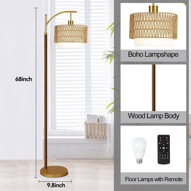 Alt view image 5 of 7 - Boho Floor Lamps for Living Room Rattan Floor lamp with Remote Control & 3 Color Temperatures,Vintage Wood Mid Century Modern Standing Lamp Dimmable Tall Floor Lamp for Bedroom Corner