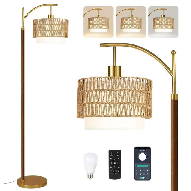 Main image of Boho Floor Lamps for Living Room Rattan Floor lamp with Remote Control & 3 Color Temperatures,Vintage Wood Mid Century Modern Standing Lamp Dimmable Tall Floor Lamp for Bedroom Corner