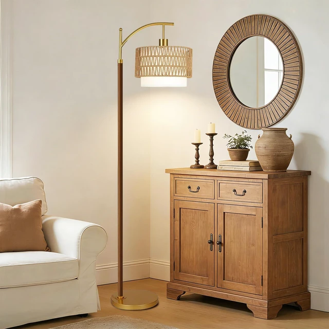 Alt view image 7 of 7 - Boho Floor Lamps for Living Room Rattan Floor lamp with Remote Control & 3 Color Temperatures,Vintage Wood Mid Century Modern Standing Lamp Dimmable Tall Floor Lamp for Bedroom Corner