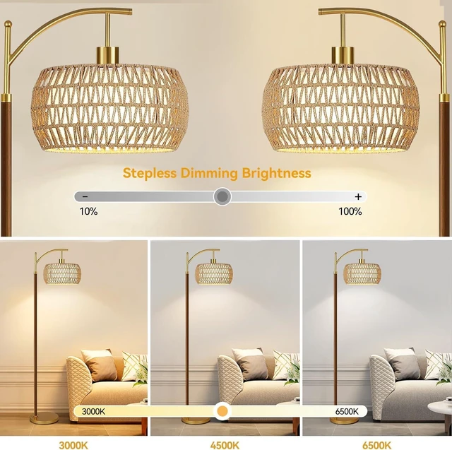 Alt view image 2 of 7 - Wood Floor Lamps for Living Room Arc Boho Floor Lamp with Remote Control & 3 Color Temperatures,Vintage Wicker Rattan Standing Lamp Dimmable Tall Floor Lamp for Bedroom Living Room Corner