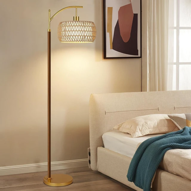 Alt view image 7 of 7 - Wood Floor Lamps for Living Room Arc Boho Floor Lamp with Remote Control & 3 Color Temperatures,Vintage Wicker Rattan Standing Lamp Dimmable Tall Floor Lamp for Bedroom Living Room Corner