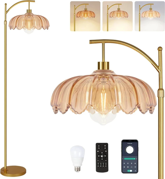 Main image of Gold Floor Lamp for Living Room,Bedroom,Mid Century Modern Standing Lamp with Remote,Dimmable Brass Tall Lamp Amber Glass Vintage Retro Arc Floor Lamps Flower Floor Light Boho Bohemian