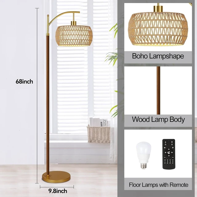 Alt view image 5 of 7 - Wood Floor Lamps for Living Room Arc Boho Floor Lamp with Remote Control & 3 Color Temperatures,Vintage Wicker Rattan Standing Lamp Dimmable Tall Floor Lamp for Bedroom Living Room Corner