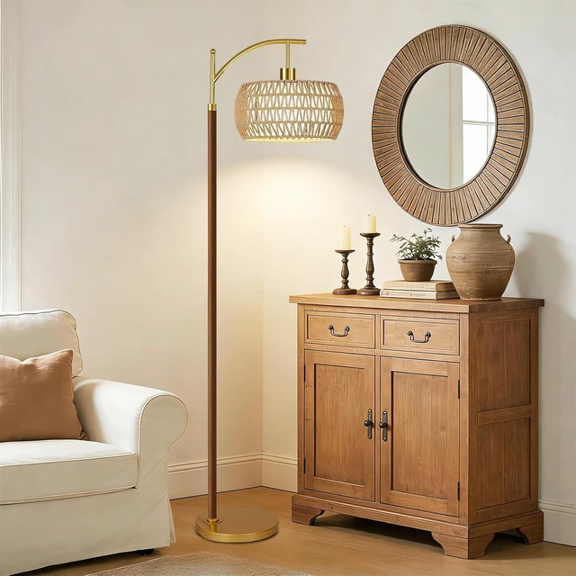 Alt view image 6 of 7 - Wood Floor Lamps for Living Room Arc Boho Floor Lamp with Remote Control & 3 Color Temperatures,Vintage Wicker Rattan Standing Lamp Dimmable Tall Floor Lamp for Bedroom Living Room Corner
