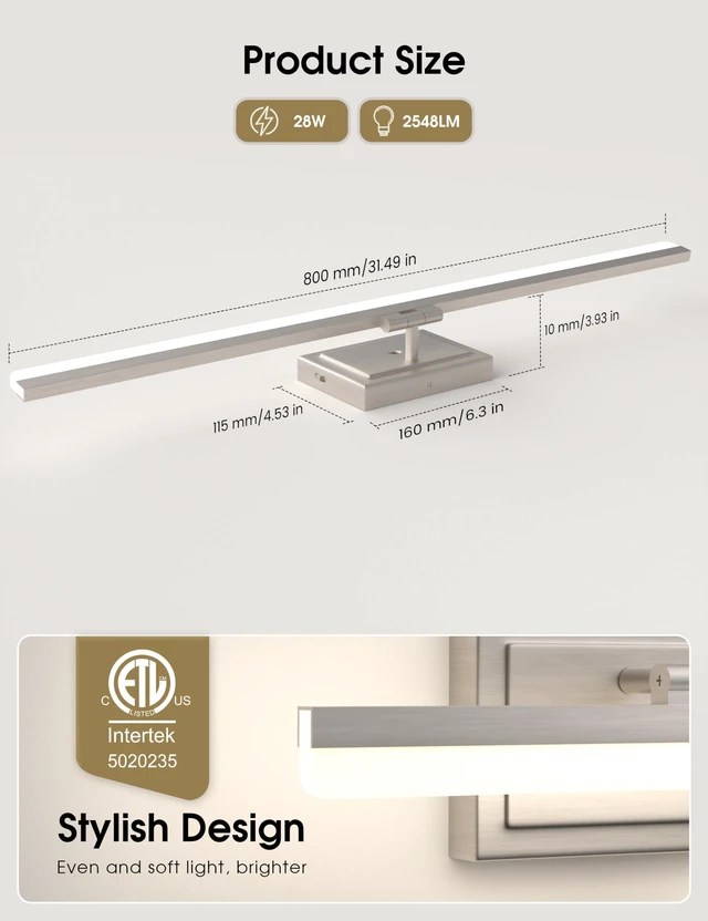 Alt view image 5 of 7 - Modern Bathroom Vanity Light 31.5 inch, Rotatable, 28W Dimmable 5CCT Led Bathroom Light Fixture Over Mirror, Brushed Nickel Bar Vanity Light for Bathrooms Mirror Restroom-ETL Certificated