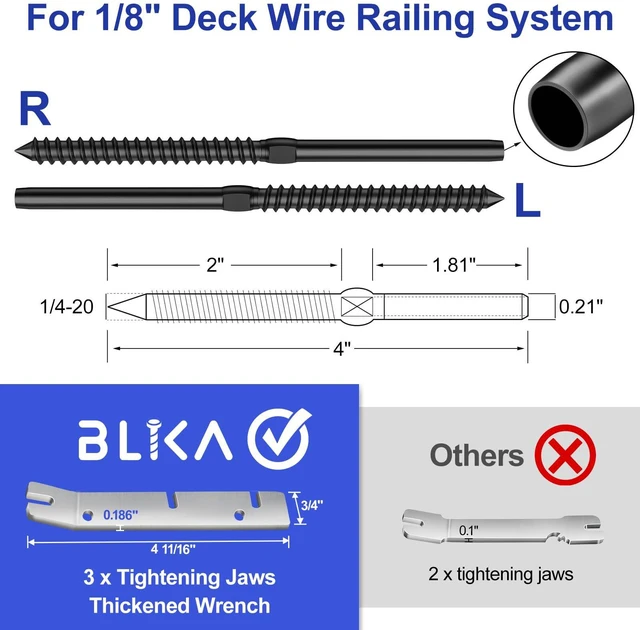 Alt view image 2 of 7 - 100 Pack 1/8" Black Cable Railing Kit Left &Right Swage Lag Screws For Wood Posts, 1/8" T316 Stainless Steel, Wire Railing Kit for Decks with Wrench, Deck Stair Black Cable Railing Hardware