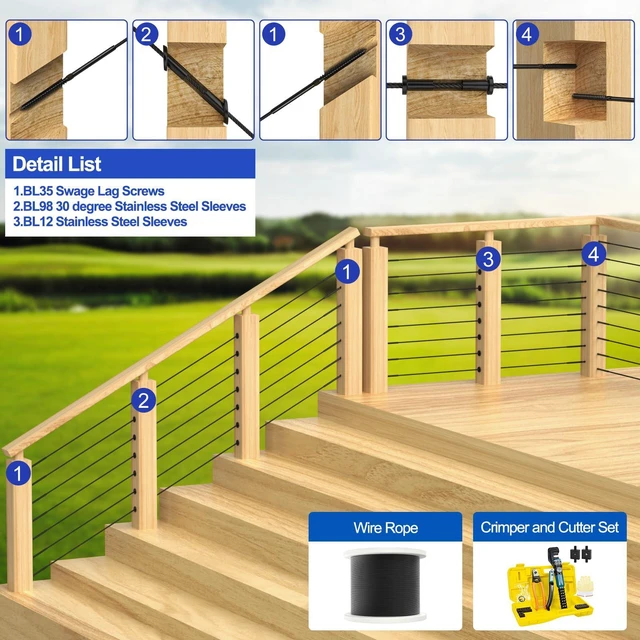 Alt view image 4 of 7 - 100 Pack 1/8" Black Cable Railing Kit Left &Right Swage Lag Screws For Wood Posts, 1/8" T316 Stainless Steel, Wire Railing Kit for Decks with Wrench, Deck Stair Black Cable Railing Hardware