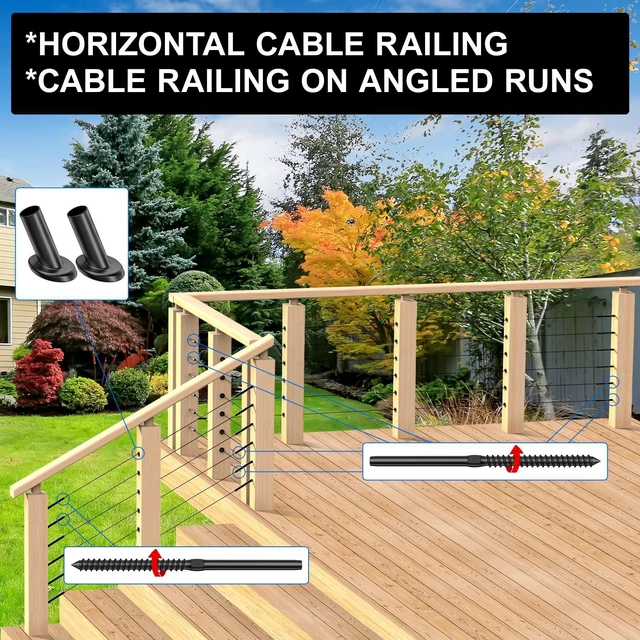 Alt view image 5 of 7 - 100 Pack 1/8" Black Cable Railing Kit Left &Right Swage Lag Screws For Wood Posts, 1/8" T316 Stainless Steel, Wire Railing Kit for Decks with Wrench, Deck Stair Black Cable Railing Hardware