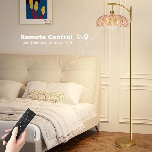 Alt view image 4 of 7 - Vintage Floor Lamps for Living Room Glass Floor Lamp with Remote Control & 3 Color Temperature,Dimmable Floor Lamp Gold Mid Century Modern Standing Lamp Brass Tall Floor Lamps for Bedroom Corner