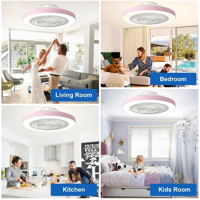 Alt view image 2 of 7 - Bedroom Ceiling Fan with Light: 19" Modern LED Flush Mount Low Profile Ceiling Fans with Remote & Smart APP Control - Pink Enclosed Bladeless Fandelier Dimmable Quiet DC Motor for Kids Room