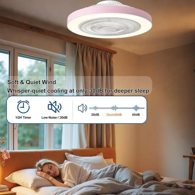 Alt view image 4 of 7 - Bedroom Ceiling Fan with Light: 19" Modern LED Flush Mount Low Profile Ceiling Fans with Remote & Smart APP Control - Pink Enclosed Bladeless Fandelier Dimmable Quiet DC Motor for Kids Room