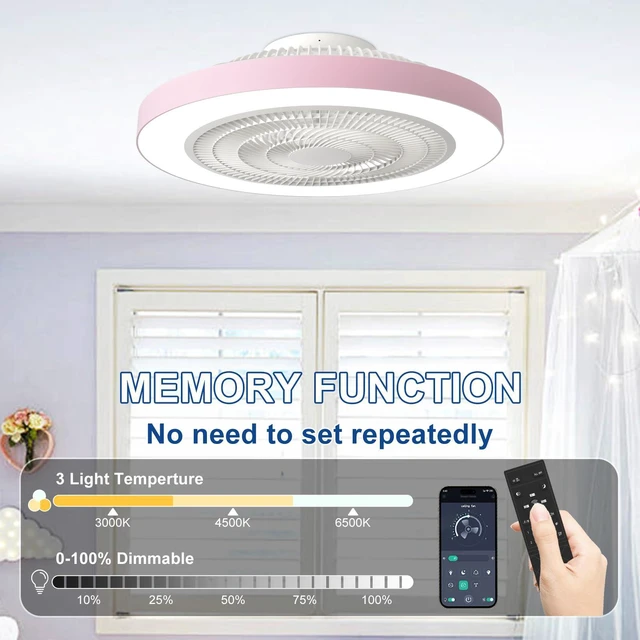 Alt view image 5 of 7 - Bedroom Ceiling Fan with Light: 19" Modern LED Flush Mount Low Profile Ceiling Fans with Remote & Smart APP Control - Pink Enclosed Bladeless Fandelier Dimmable Quiet DC Motor for Kids Room